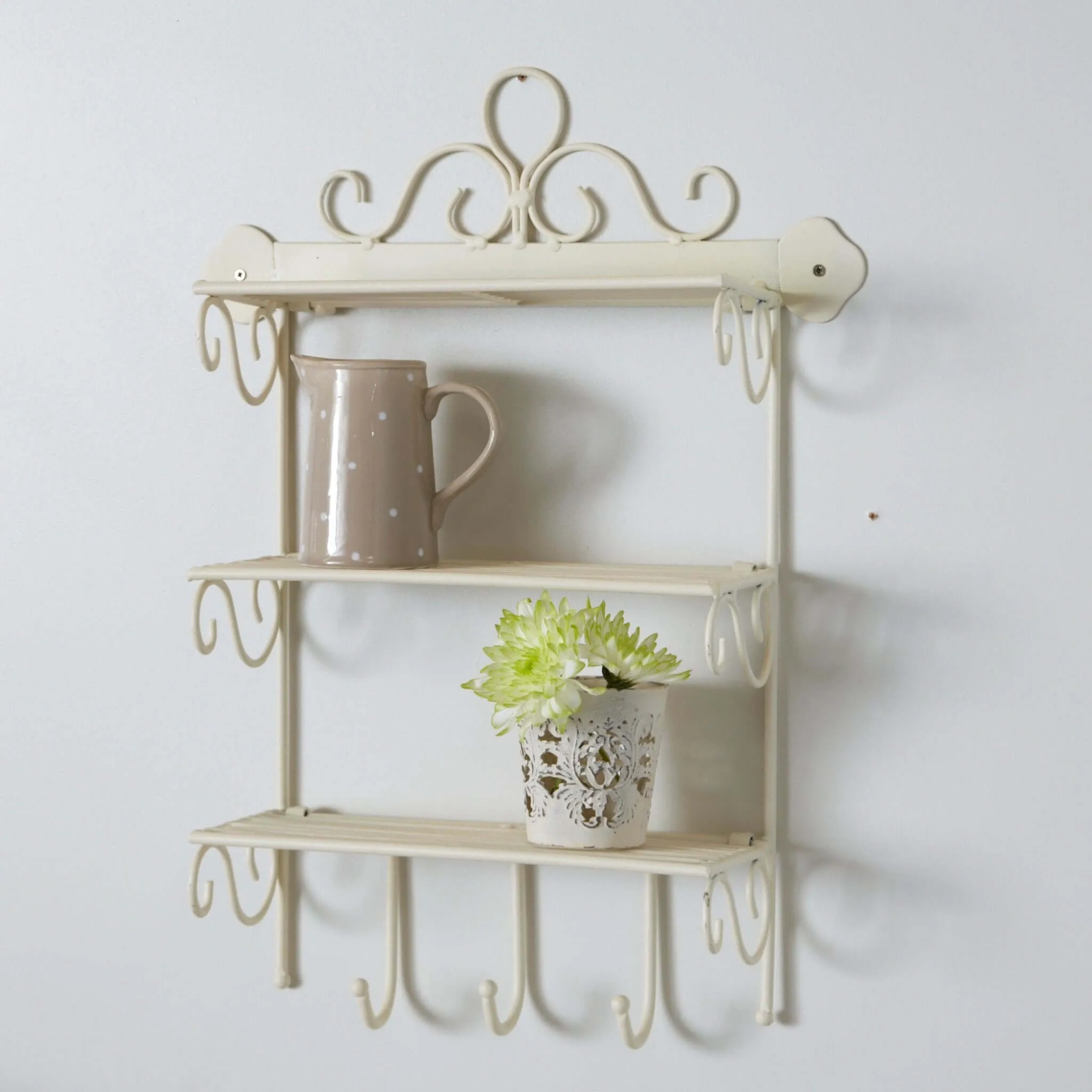 3-Tier Cream Painted Metal Shelf with Scrollwork and Hooks