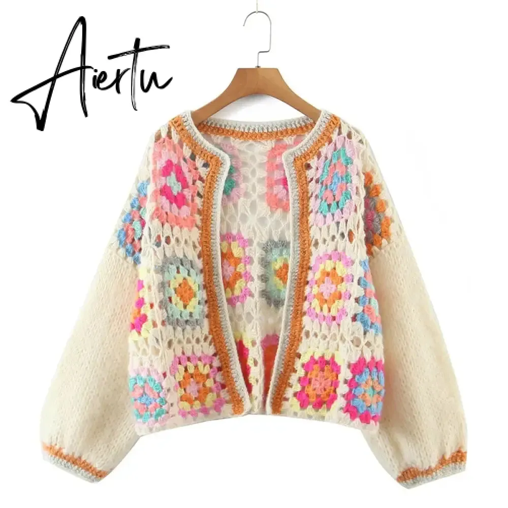 Aiertu Casual Patchwork Women Knitted Cardigans Autumn Long Lantern Sleeve Crochet Sweaters Female O-neck Loose Elegant Streetwear