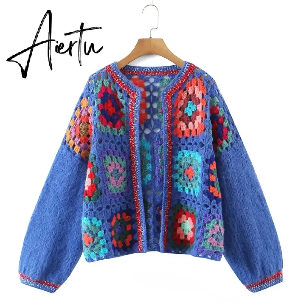 Aiertu Casual Patchwork Women Knitted Cardigans Autumn Long Lantern Sleeve Crochet Sweaters Female O-neck Loose Elegant Streetwear