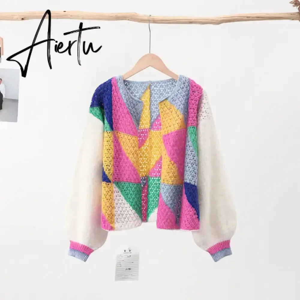 Aiertu Casual Patchwork Women Knitted Cardigans Autumn Long Lantern Sleeve Crochet Sweaters Female O-neck Loose Elegant Streetwear