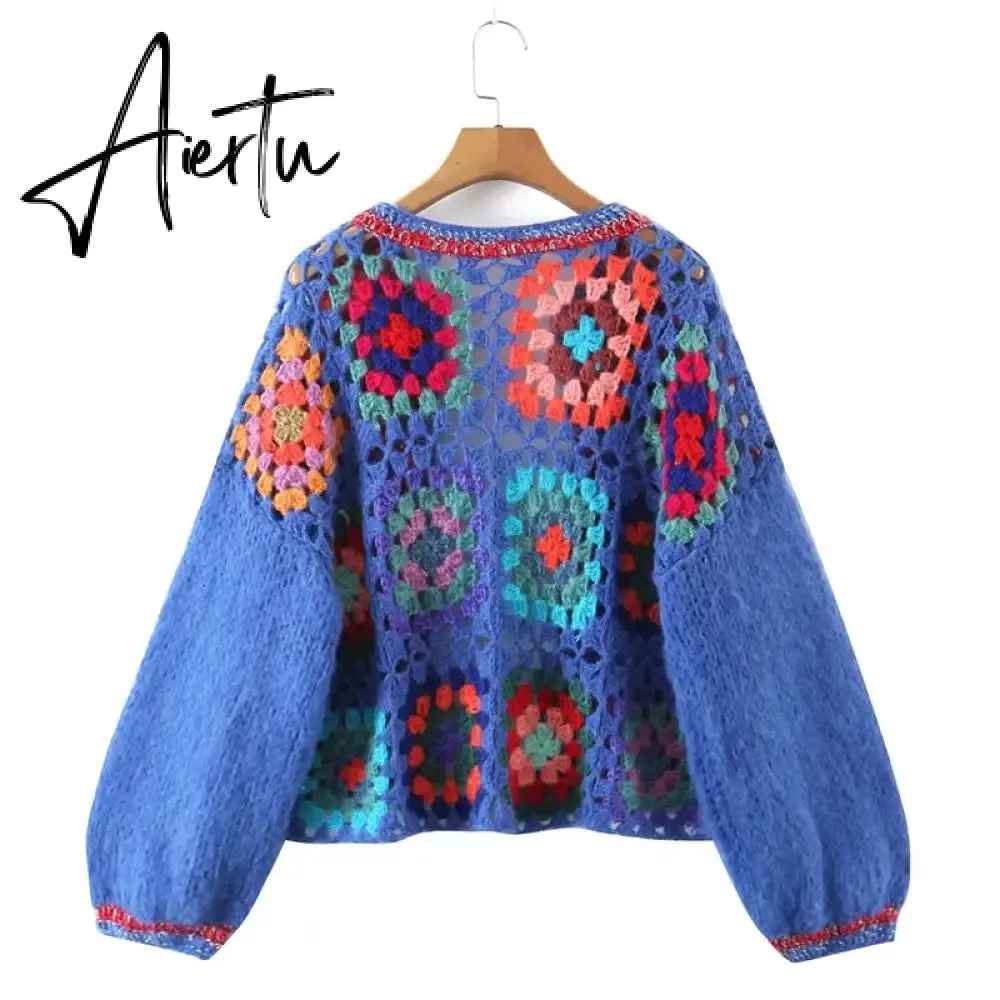 Aiertu Casual Patchwork Women Knitted Cardigans Autumn Long Lantern Sleeve Crochet Sweaters Female O-neck Loose Elegant Streetwear