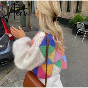 Aiertu Casual Patchwork Women Knitted Cardigans Autumn Long Lantern Sleeve Crochet Sweaters Female O-neck Loose Elegant Streetwear