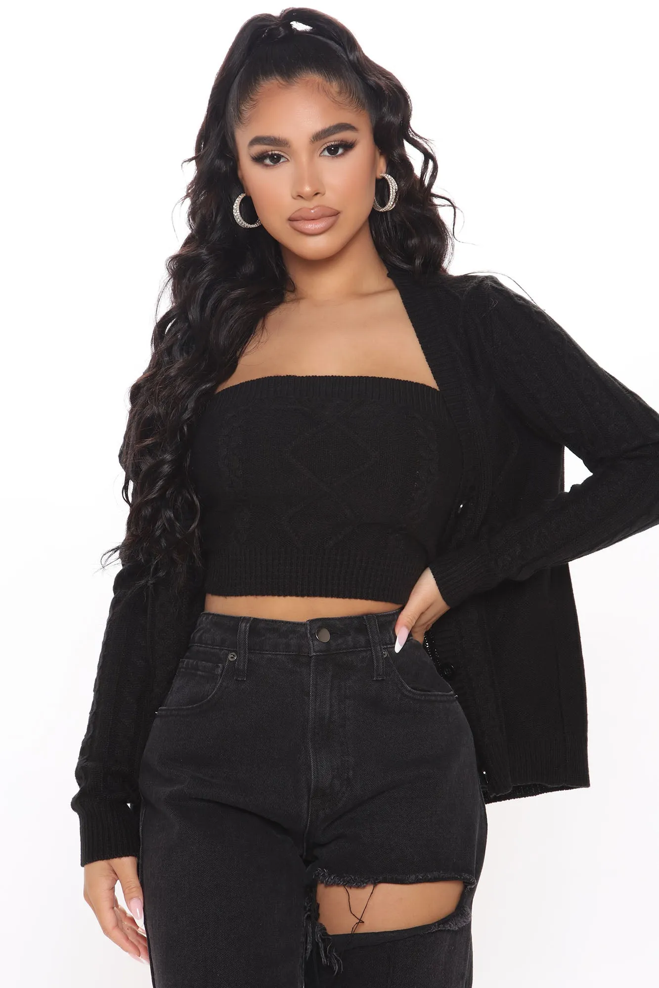 Airenna Cable Knit Sweater Set - Black