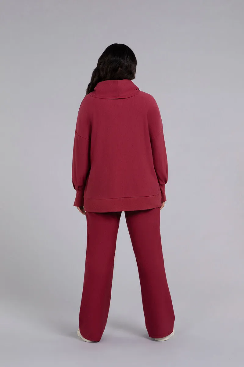 Bamboo Fleece Cowl Neck Pleat Sleeve Top | Cherry