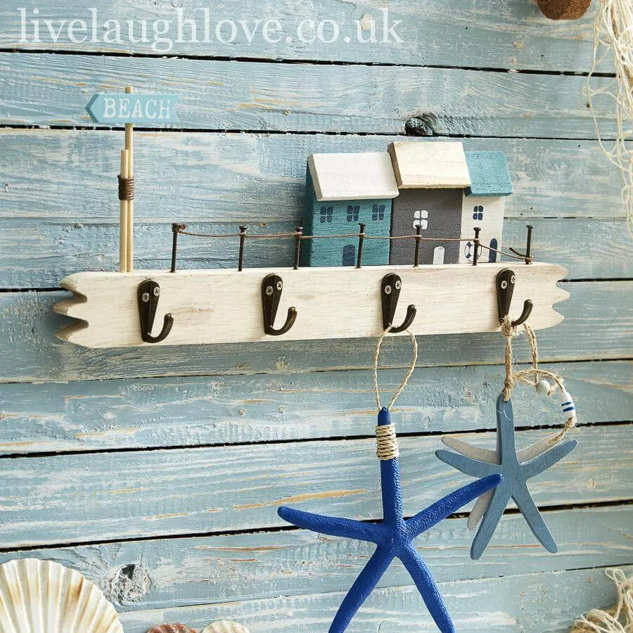 Beach House Coastal Scene W/ Hooks - Blue Sign