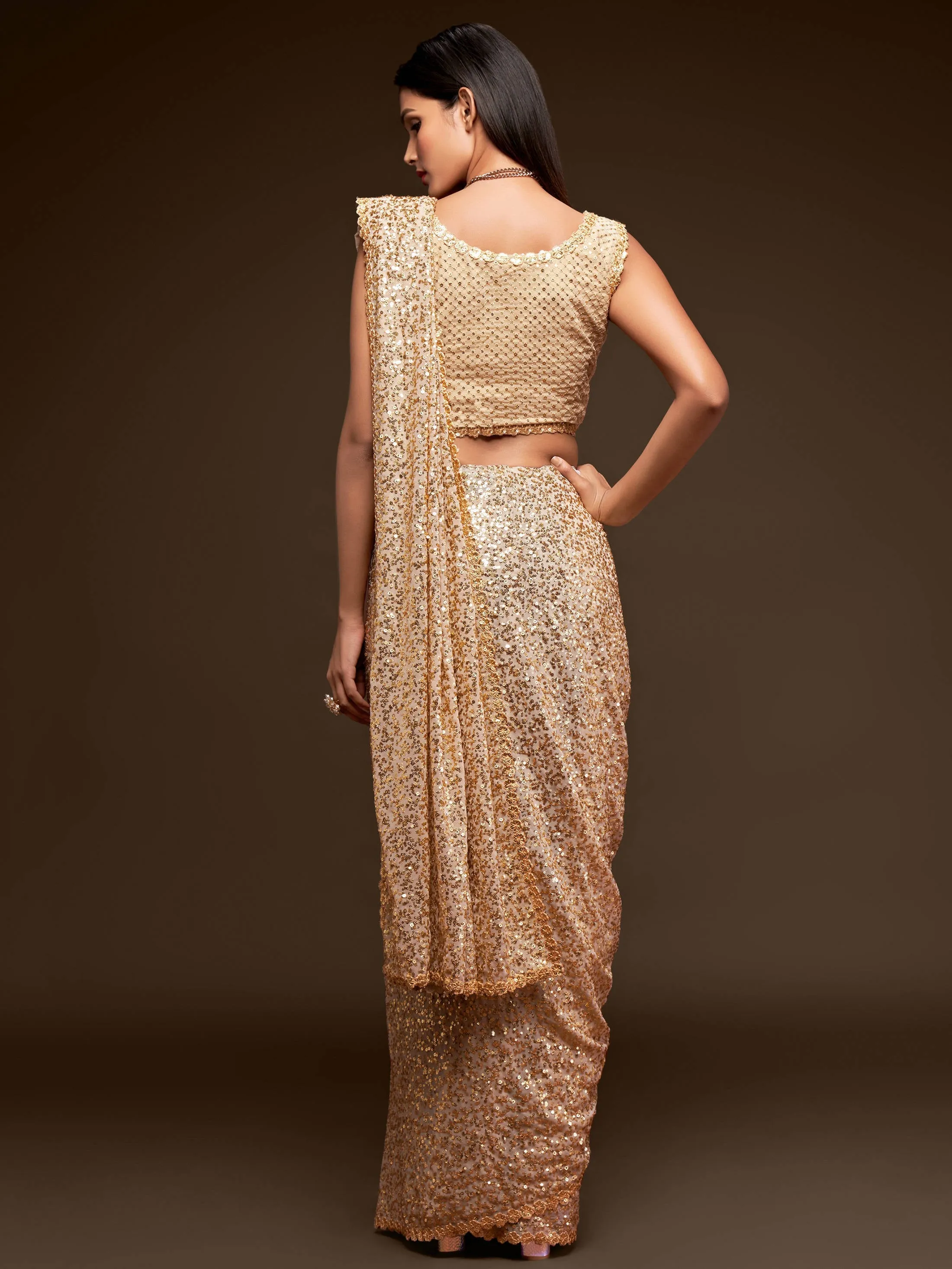 Beige Golden Georgette Sequined Saree