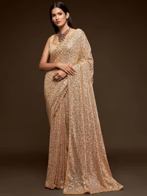 Beige Golden Georgette Sequined Saree