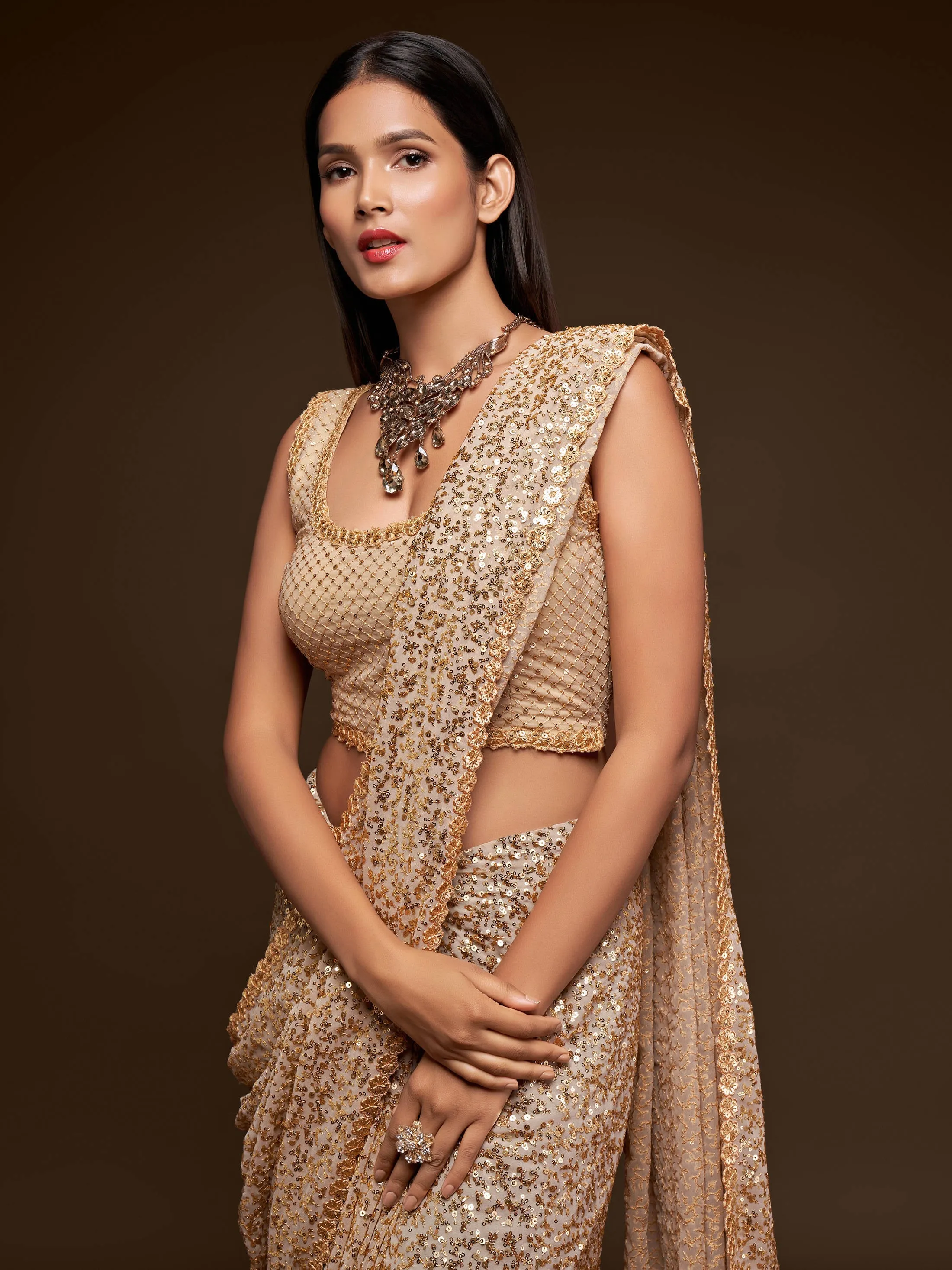 Beige Golden Georgette Sequined Saree