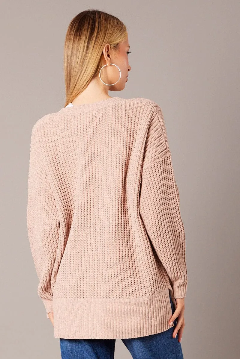 Beige Knit Cardigan Longline Chenille