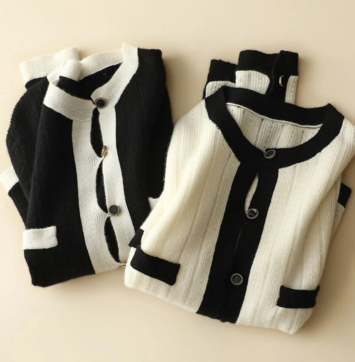 Black and White Cashmere Autumn/ Winter Cardigan: Round Neck 100% Pure Cashmere Cardigan with Color Block Design