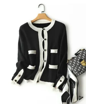 Black and White Cashmere Autumn/ Winter Cardigan: Round Neck 100% Pure Cashmere Cardigan with Color Block Design