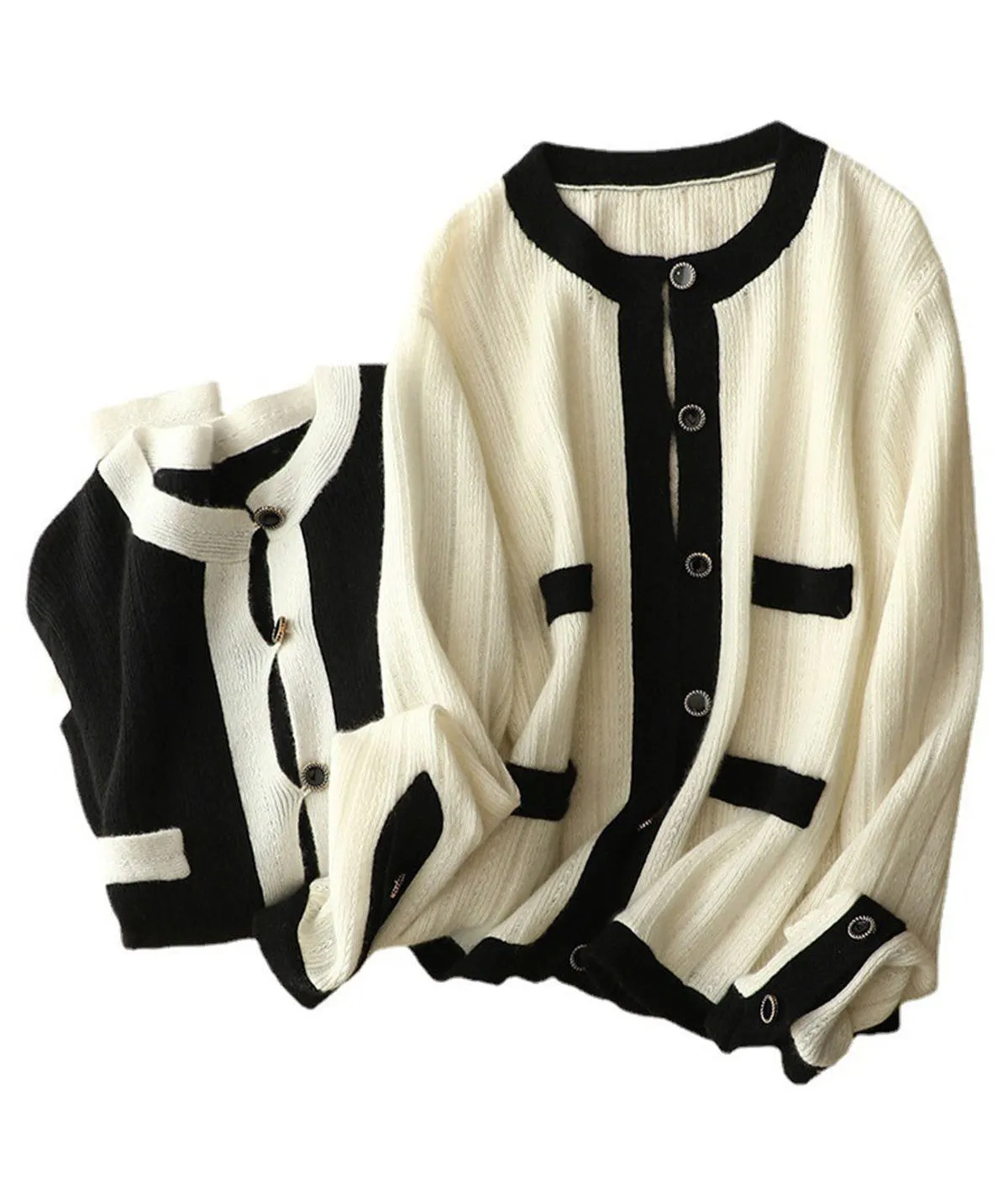 Black and White Cashmere Autumn/ Winter Cardigan: Round Neck 100% Pure Cashmere Cardigan with Color Block Design