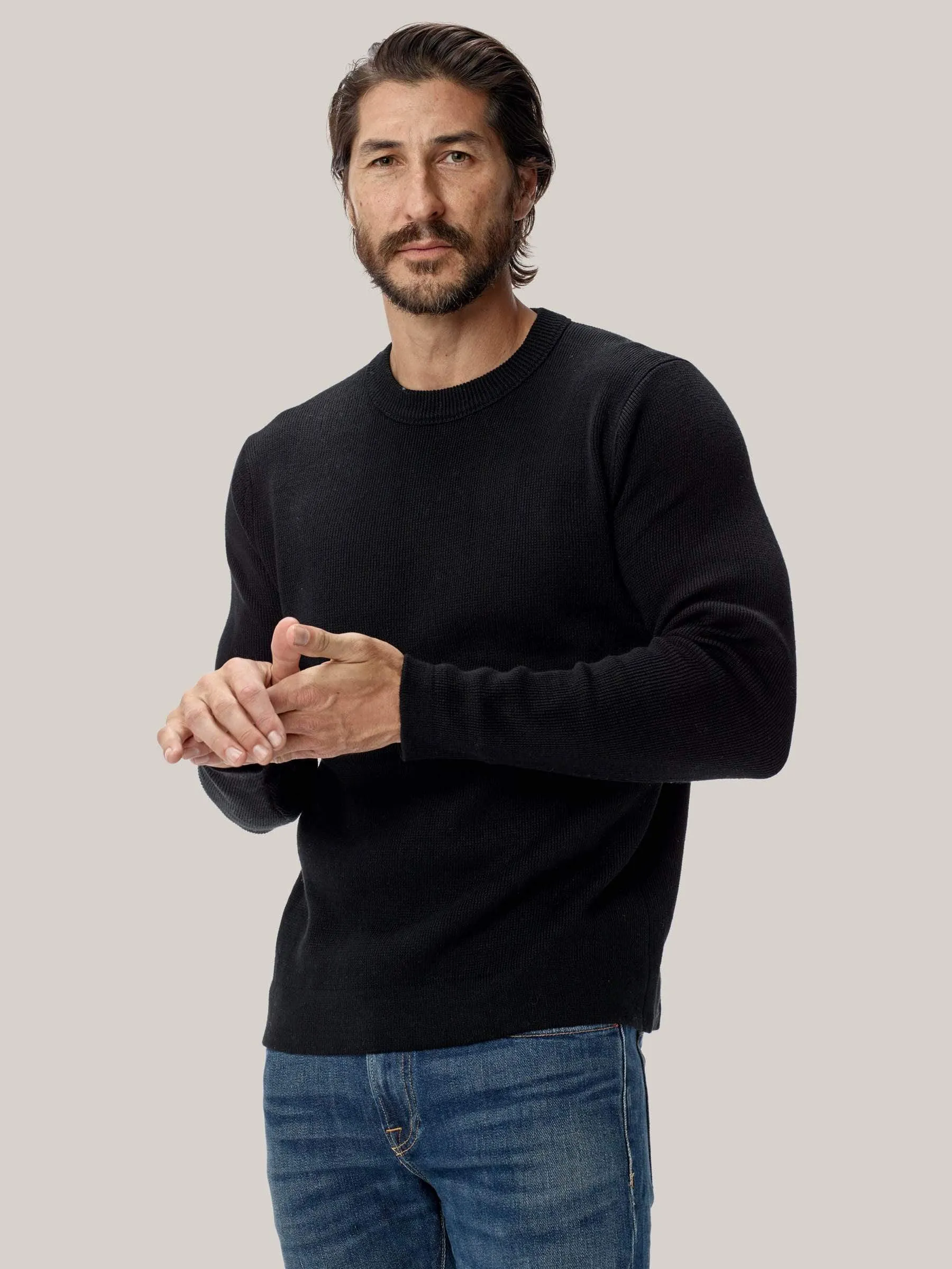 Black Cotton Linen Traveler Crew Sweater