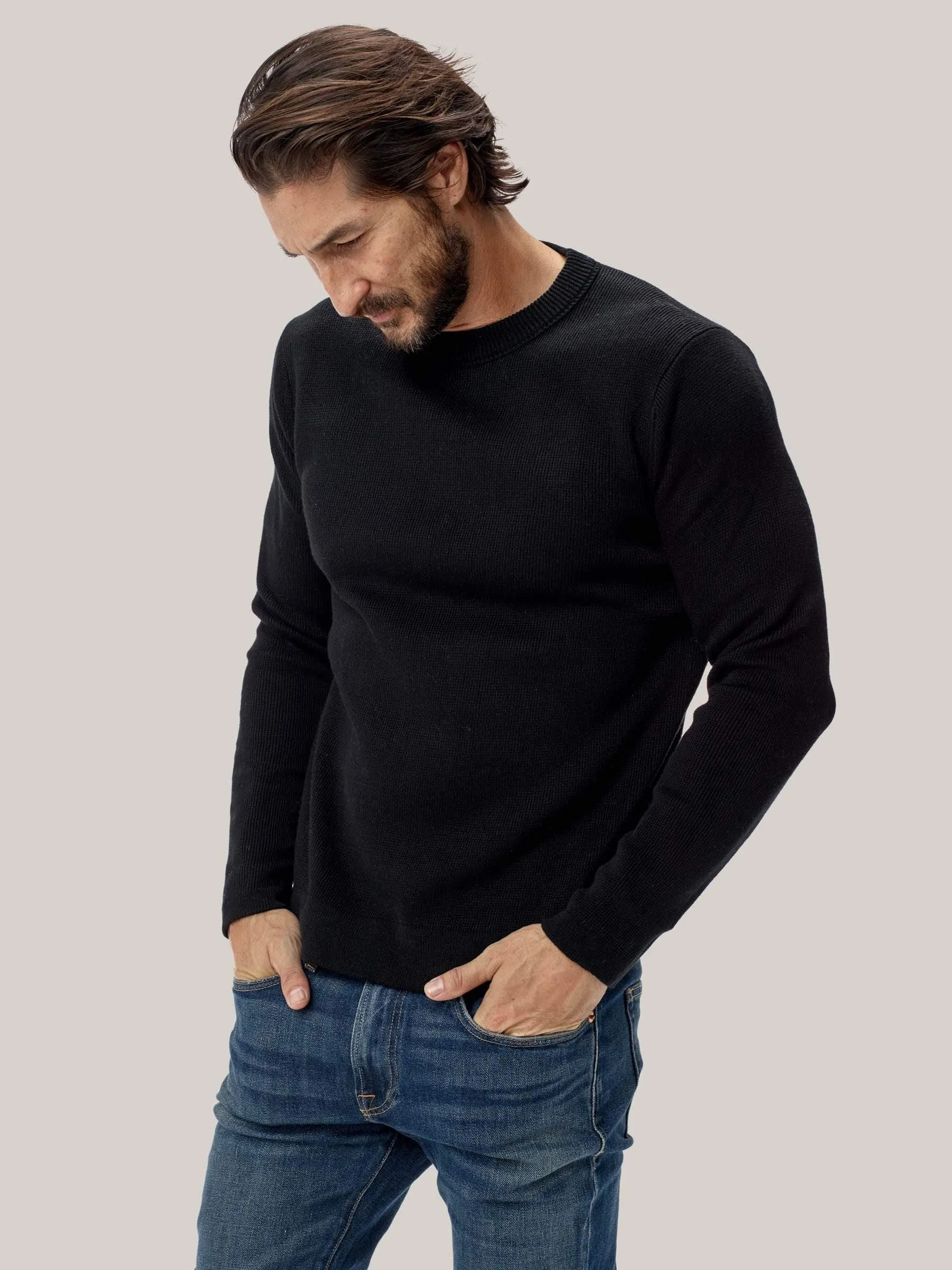 Black Cotton Linen Traveler Crew Sweater