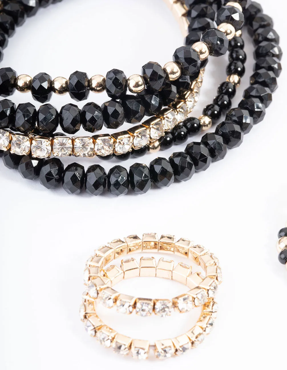 Black Mixed Bead Diamante Bracelet & Ring Set