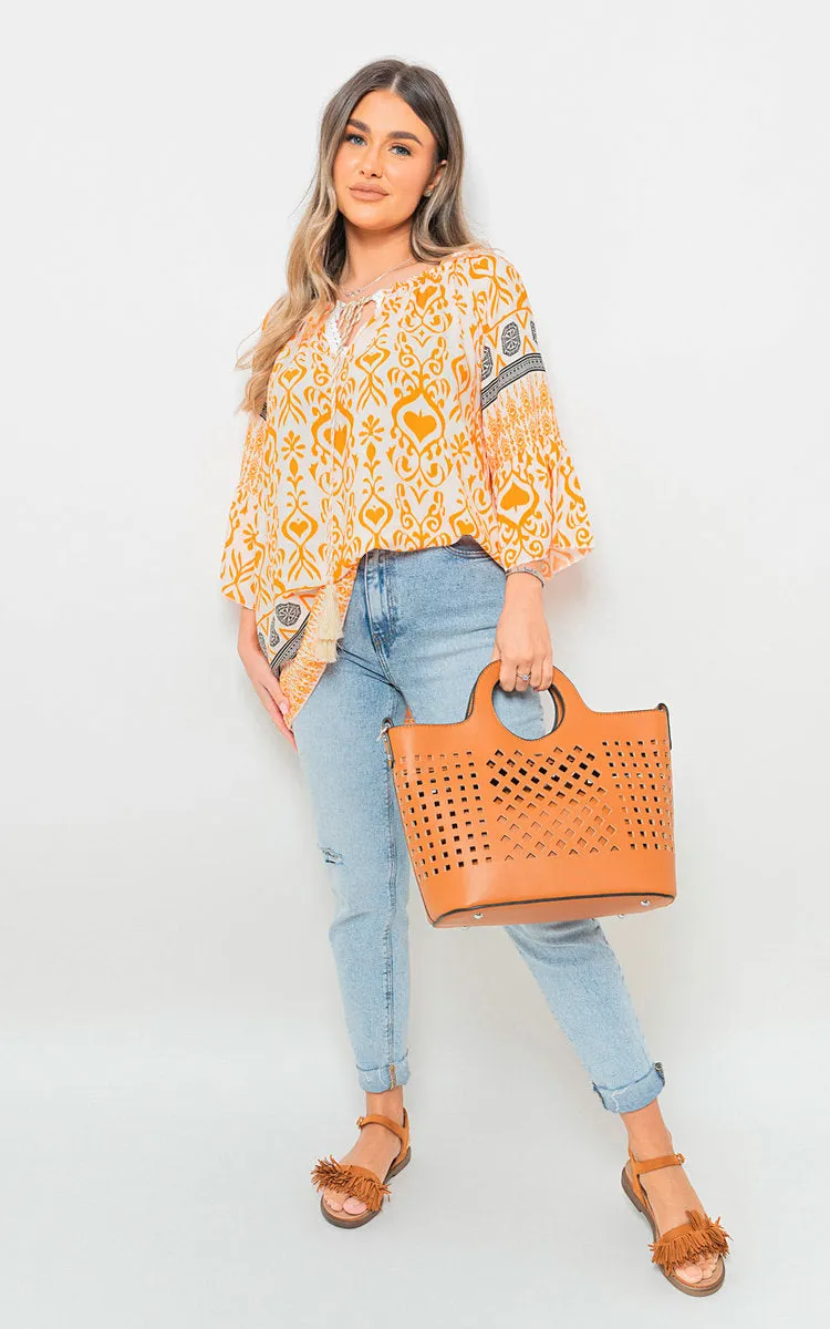 Boho Tassel Tie-Neck Loose Top