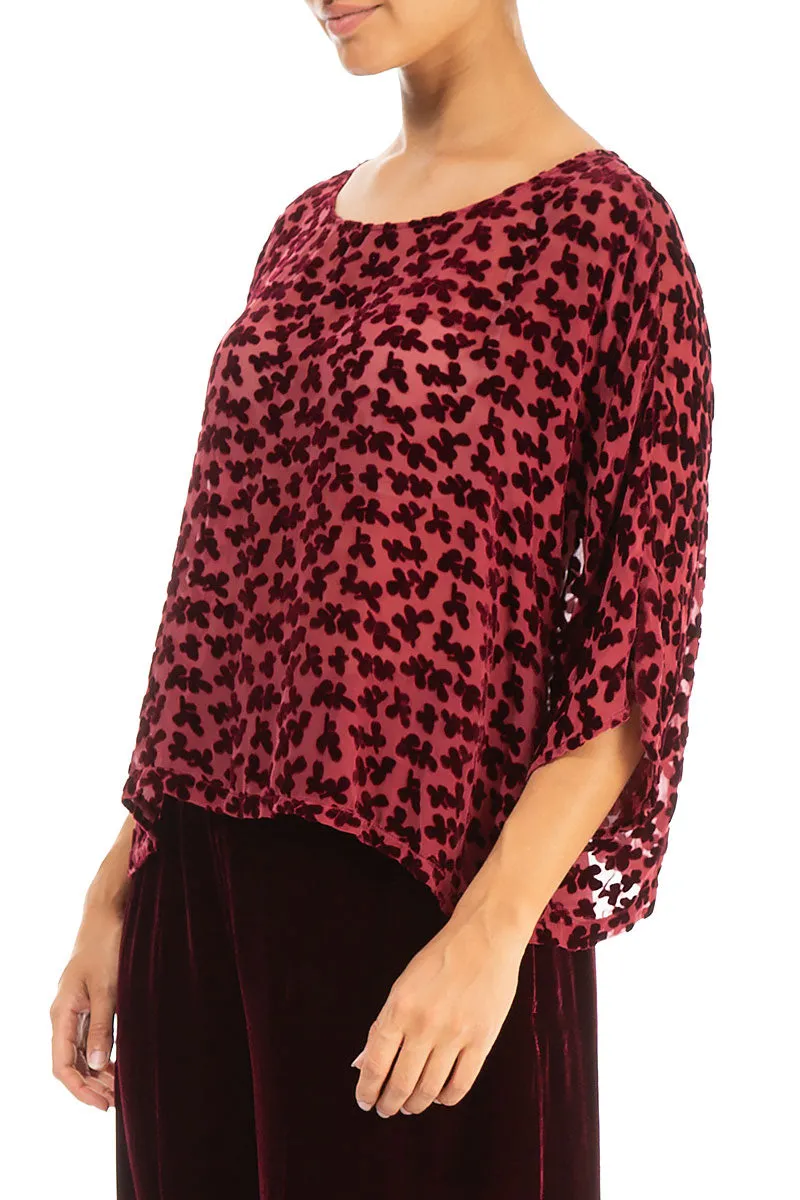 Boxy Devoré Petals Claret Silk Velvet Blouse