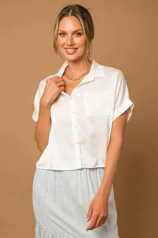 Boxy Satin Button Down Short Sleeve Blouse