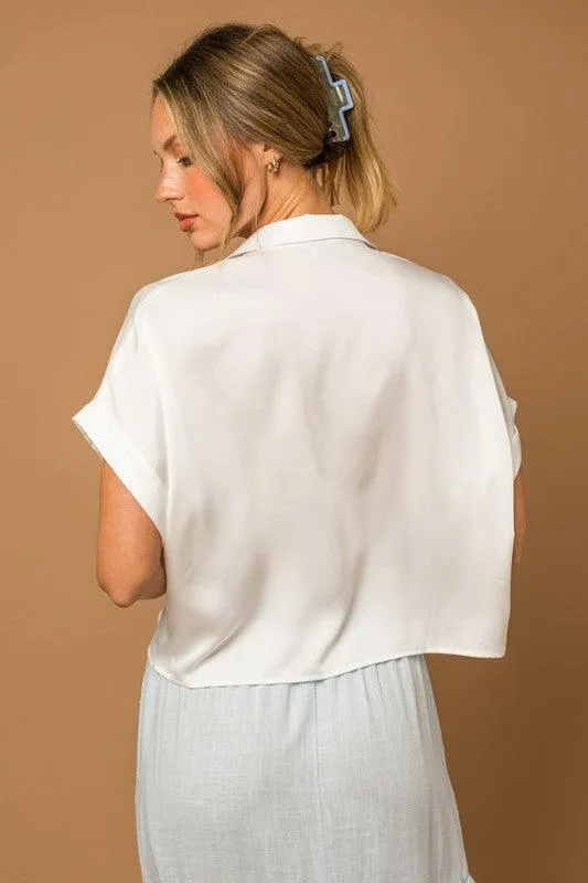 Boxy Satin Button Down Short Sleeve Blouse