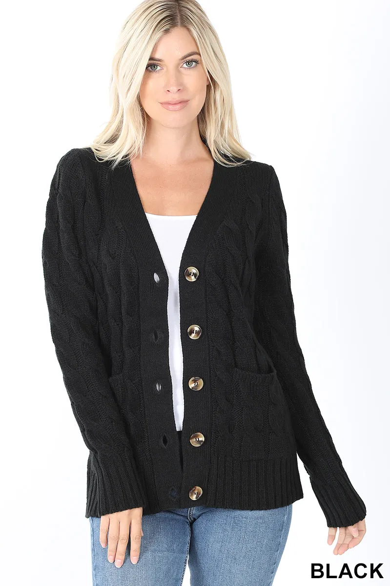 Cable knit button cardigan pockets