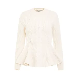 Cable Peplum Knit Sweater in Ivory