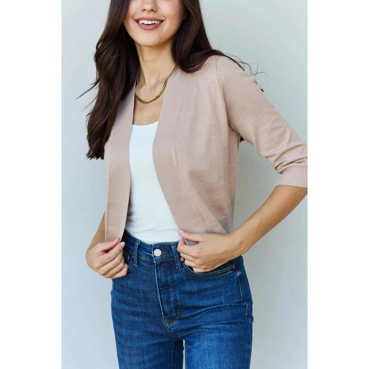 Carla Khaki 3/4 Sleeve Cropped Cardigan