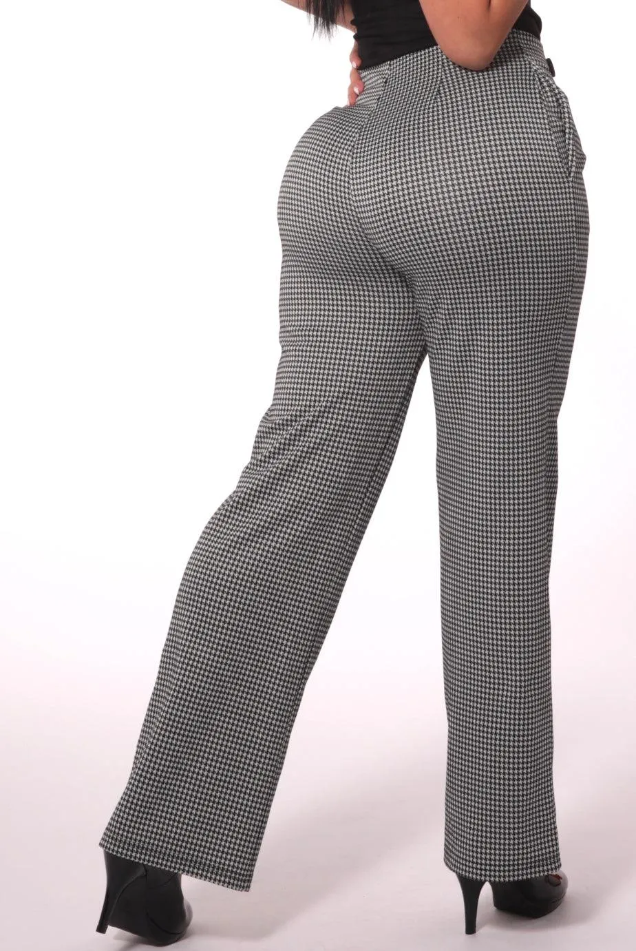 Cropped Straight Leg Pants With Button Waist Detail - Black, White Houndstooth