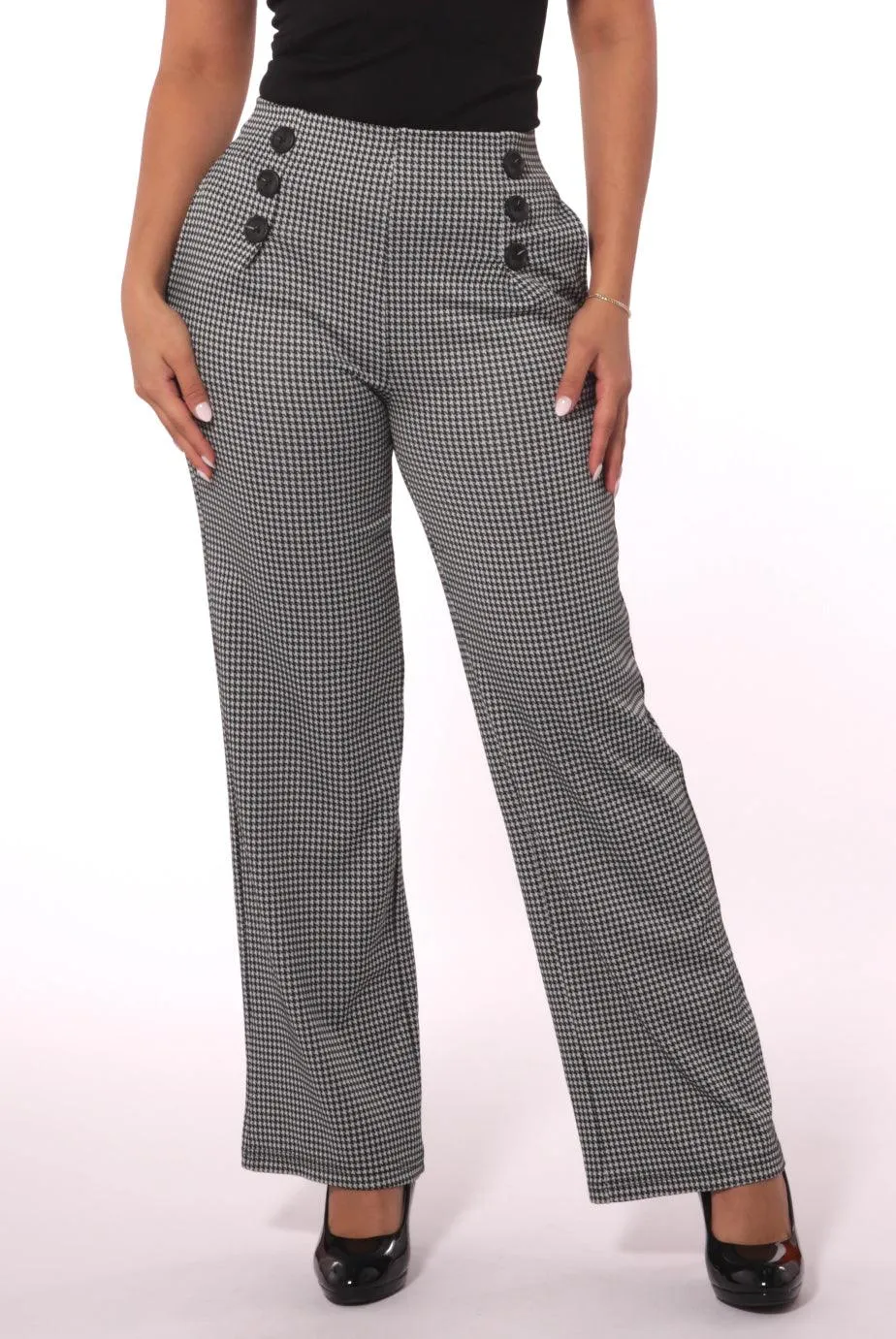 Cropped Straight Leg Pants With Button Waist Detail - Black, White Houndstooth