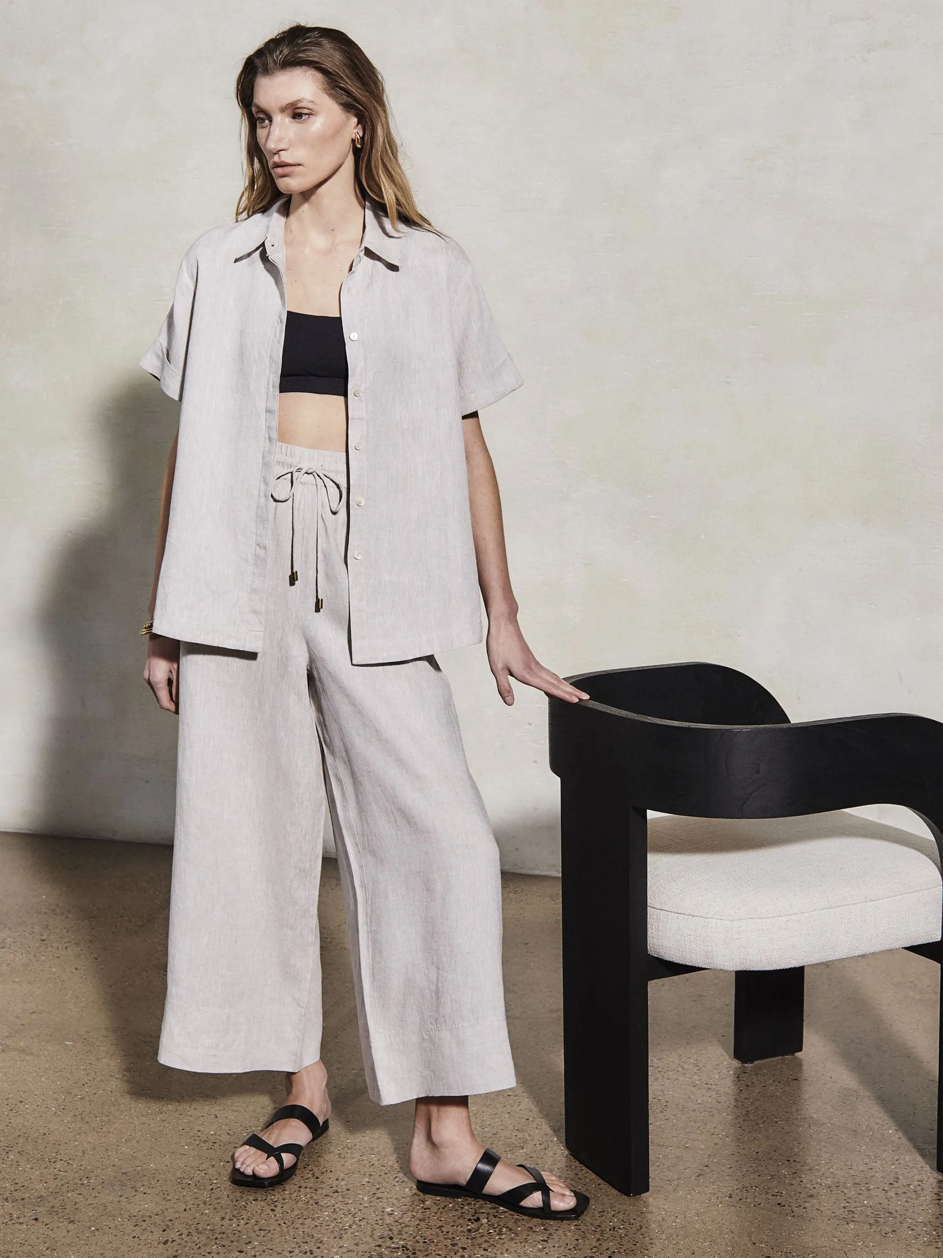 Doris stone linen cropped trousers