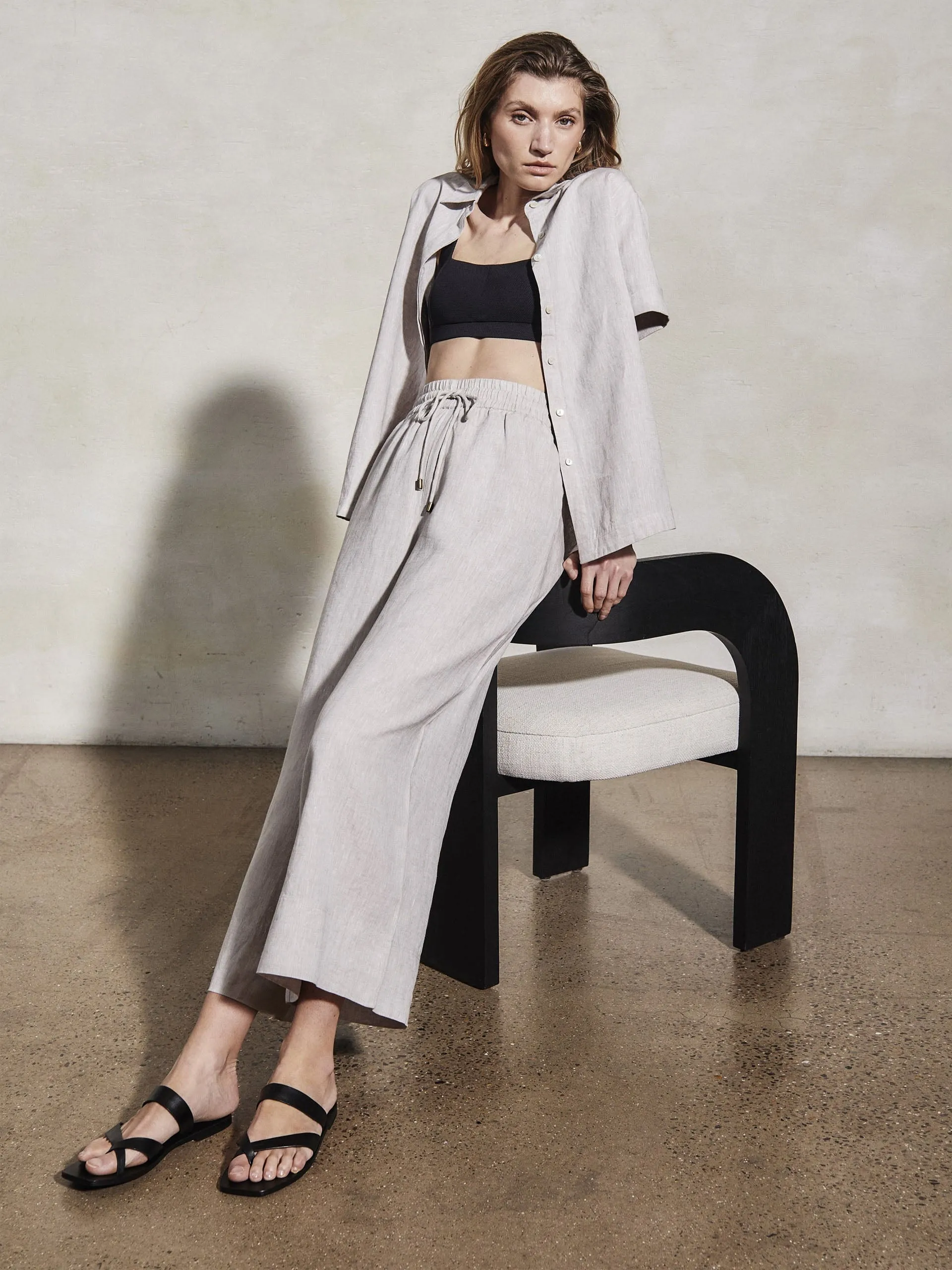 Doris stone linen cropped trousers