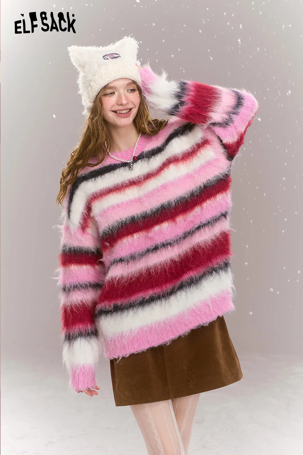 ELFSACK 2024 Winter New Arrivals Loose casual pink stripes contrast warm sweater for women