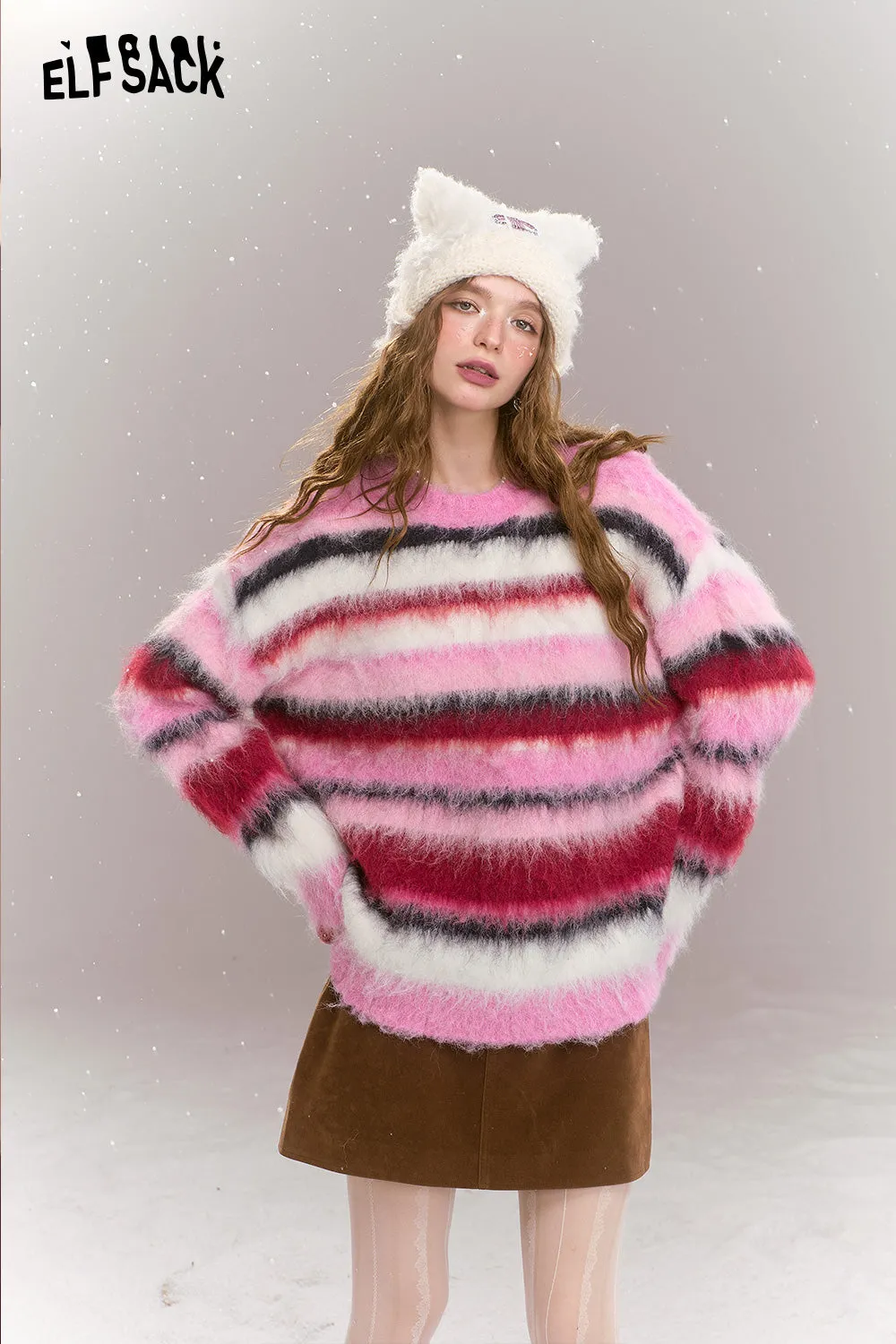 ELFSACK 2024 Winter New Arrivals Loose casual pink stripes contrast warm sweater for women