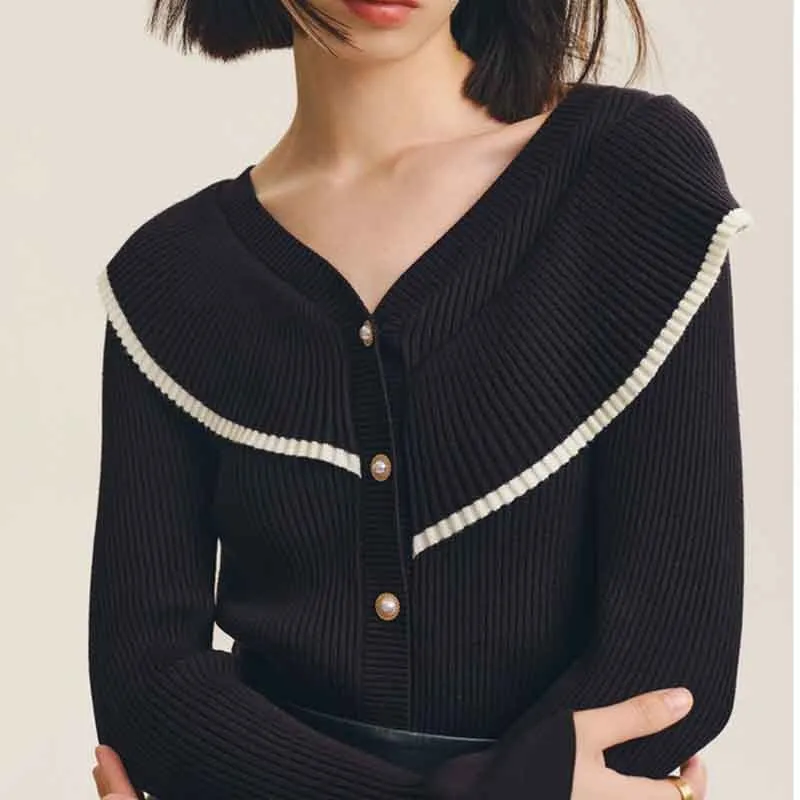 Fashion Ruffles Women Cardigans Sweater Korean Button Elegant Office Ladies Knitted Jacket Elastic Fall Slim Female Tops