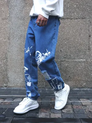 Fashionable Design Men's Graffiti Style Pattern Ripped Denim Jeans, Stylish And Trendy Cotton Blend Pants For Street Leisurewear