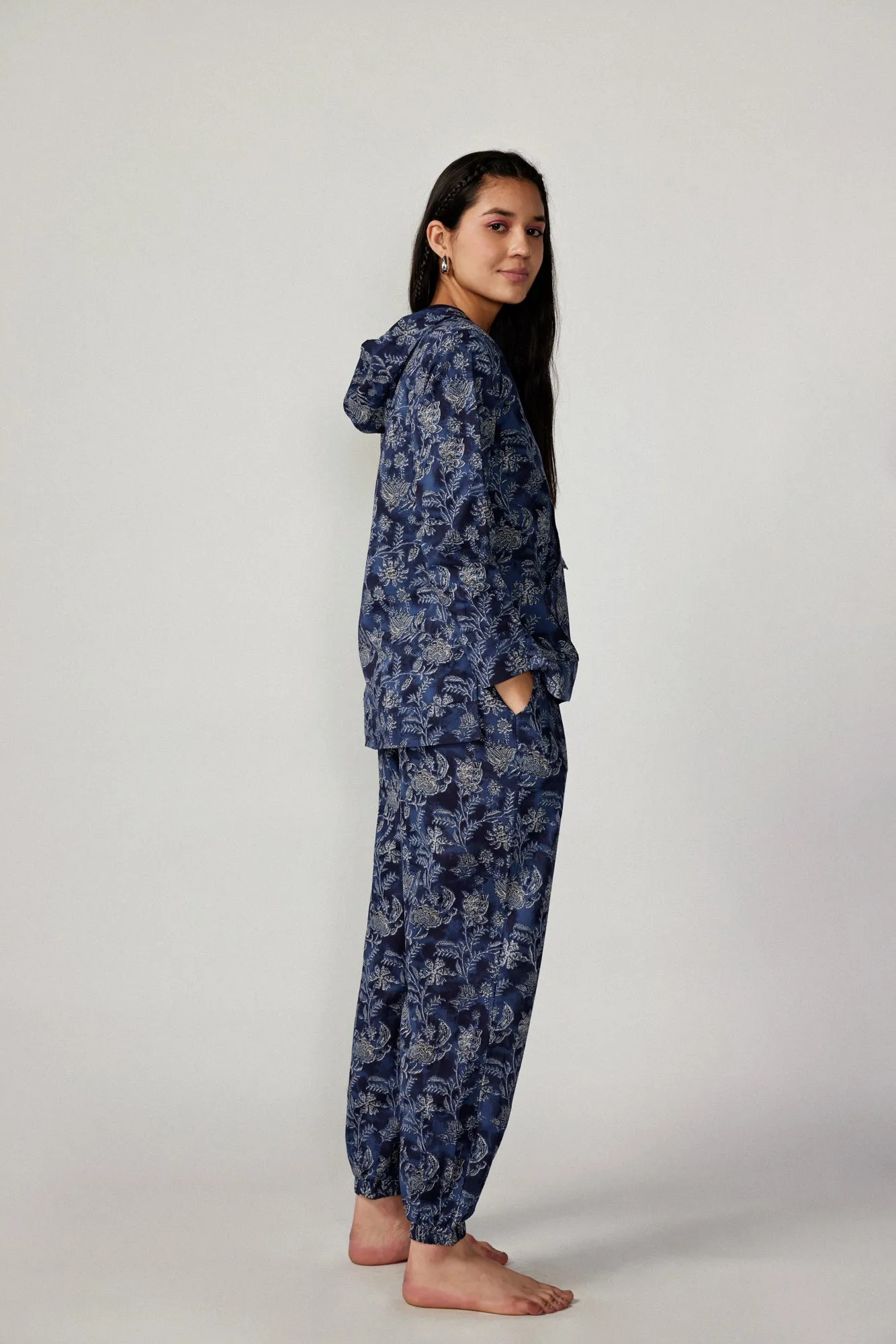 Floral Jaal on Denim Blue Cotton Hoodie Set