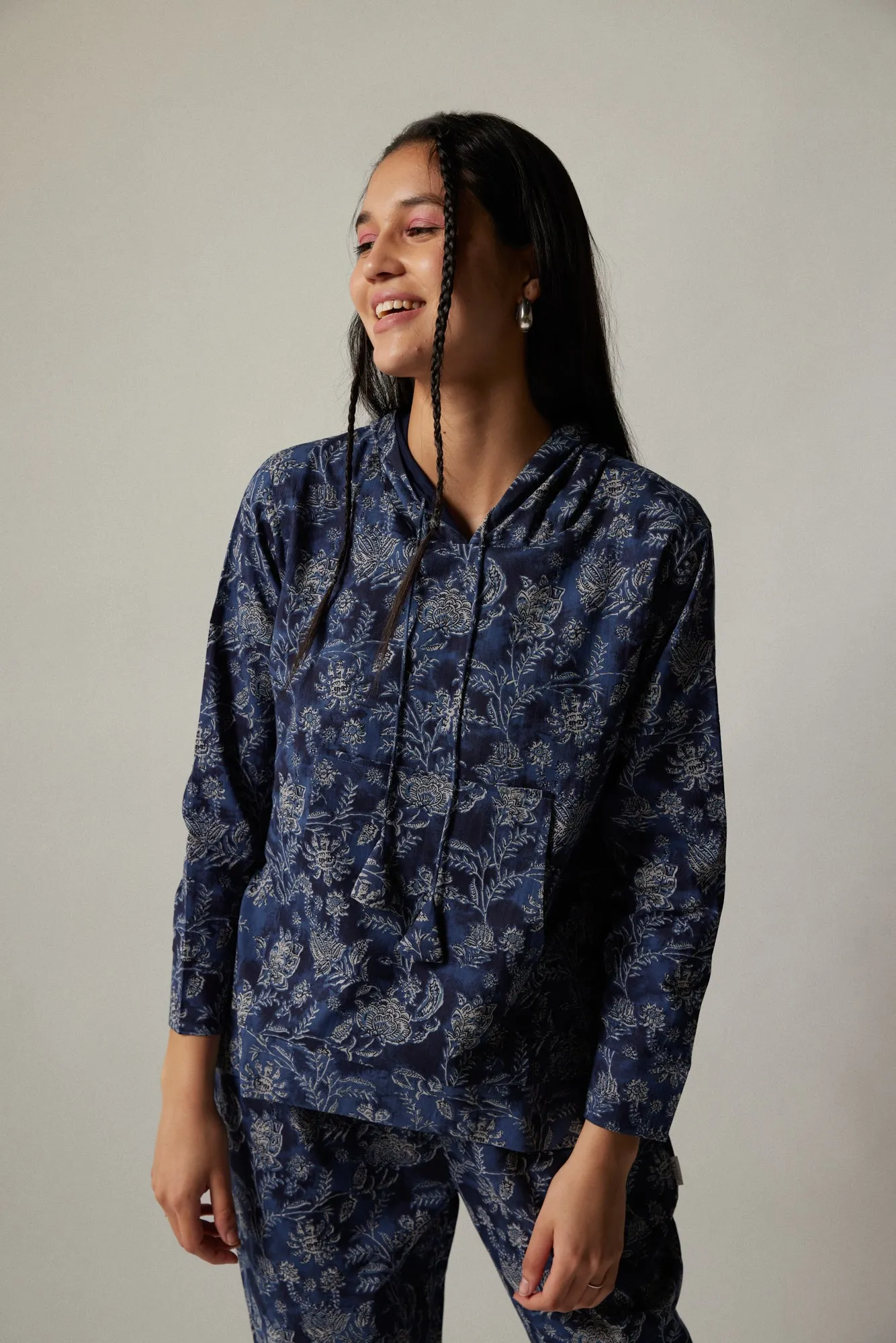 Floral Jaal on Denim Blue Cotton Hoodie Set