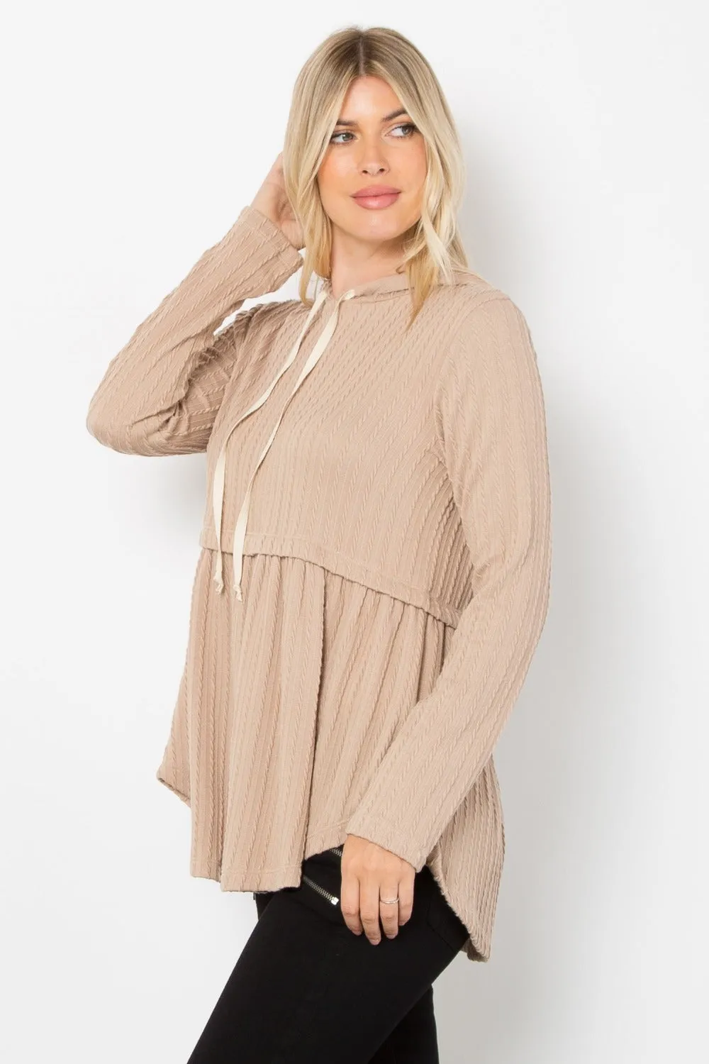 Full Size Long Sleeve Peplum Cable Knit Hoodie