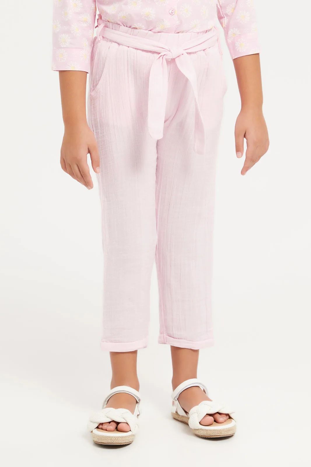 Girls Pink Textured Double Gauze Trouser With Belt