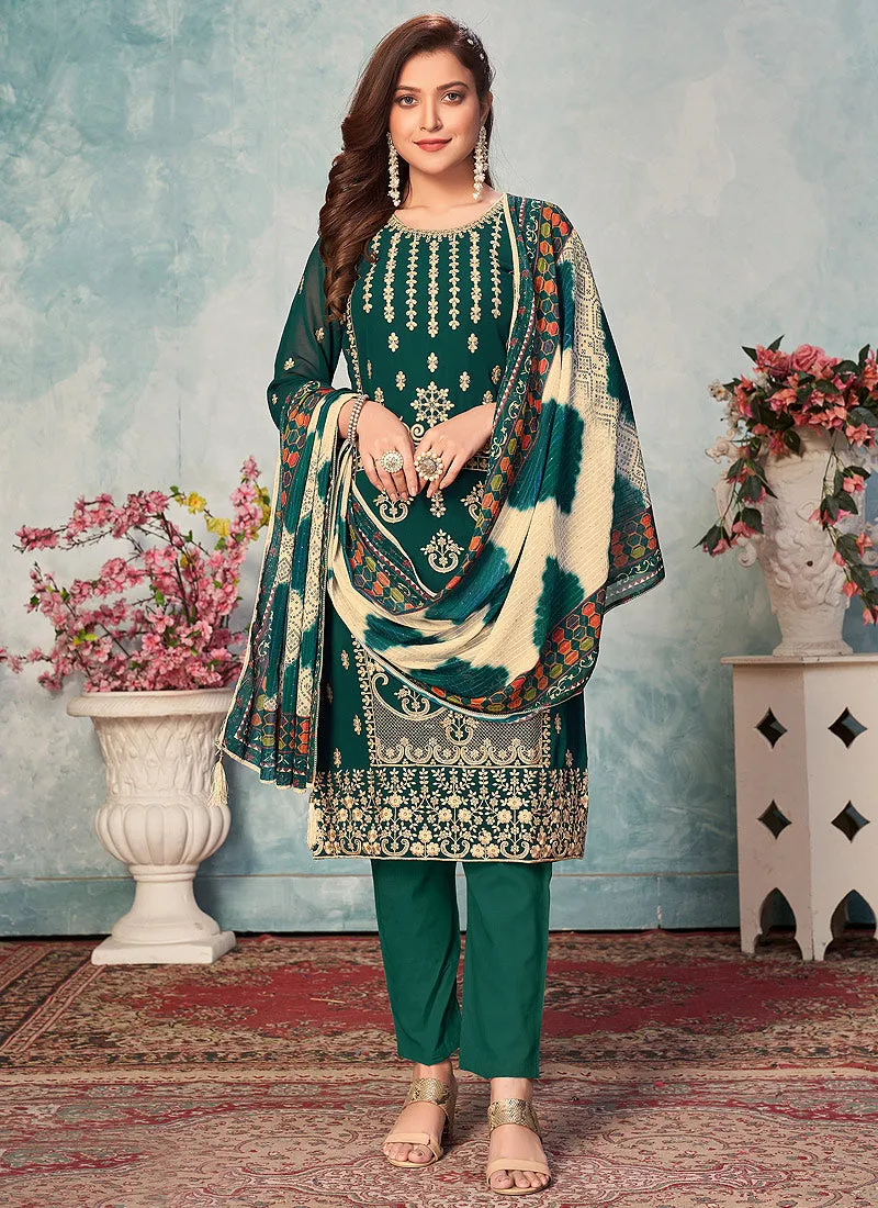 Green Georgette Pants Style Suit