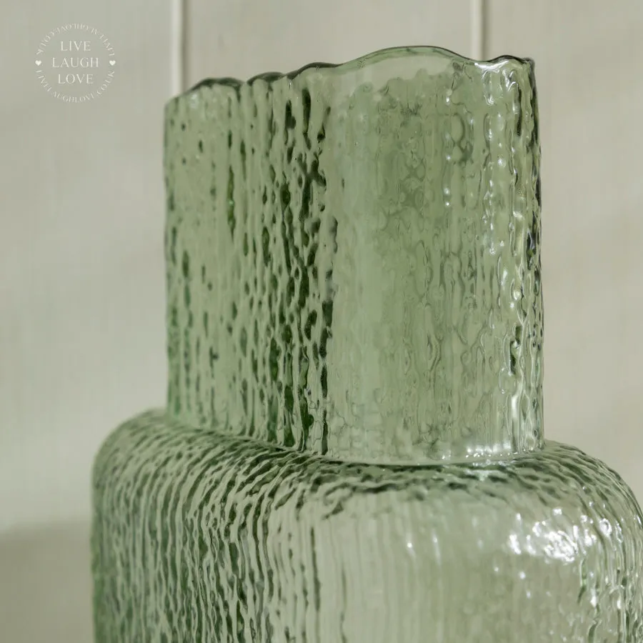 Green Textured Glass Vase with Geometric Design