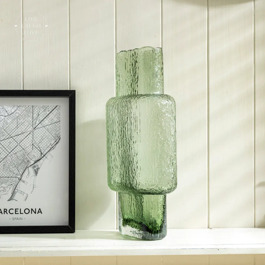 Green Textured Glass Vase with Geometric Design