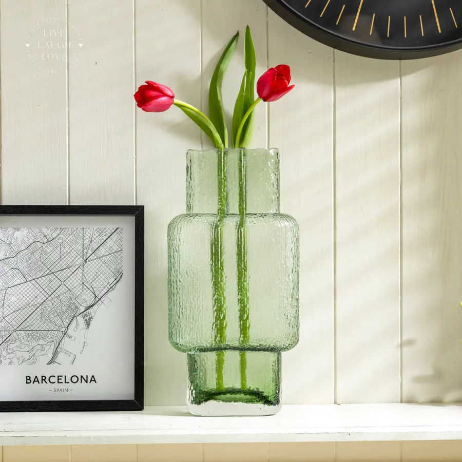 Green Textured Glass Vase with Geometric Design