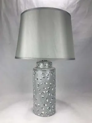 Grey Ceramic Scroll Lamp with Silver Fabric Shade