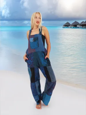 Handmade Fitted Boho Hippie Cotton Patchwork Pants Overall Jumper Size S/M to L/XL Blue