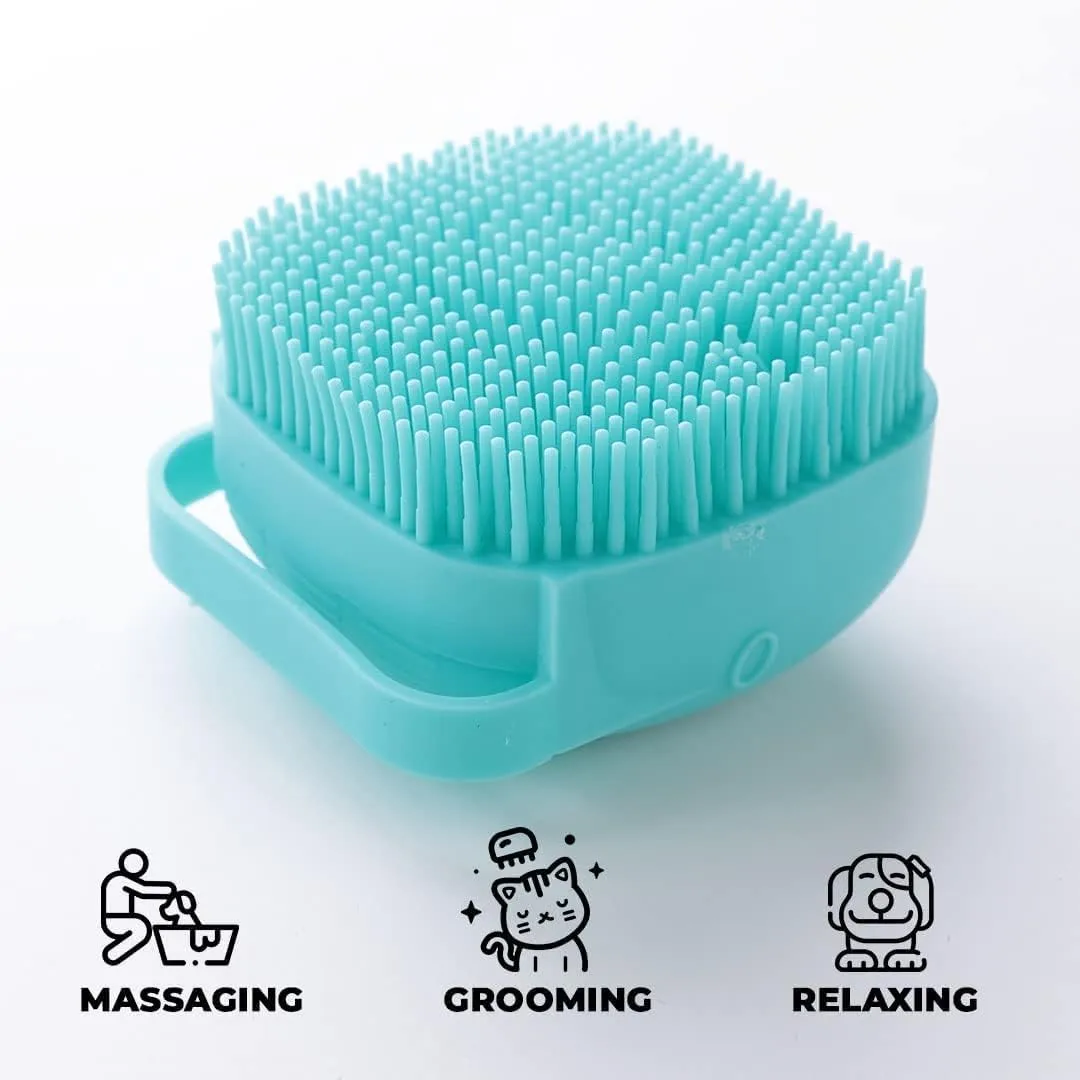 Homestic Pack of 2 Dog Brush With Shampoo Container|Cat & Dog Bath Brush For Bathing|Exfoliating|Scrubbing|Massaging & Relaxing|Soft Silicone|Suitable For All Pets|PT230B|Blue