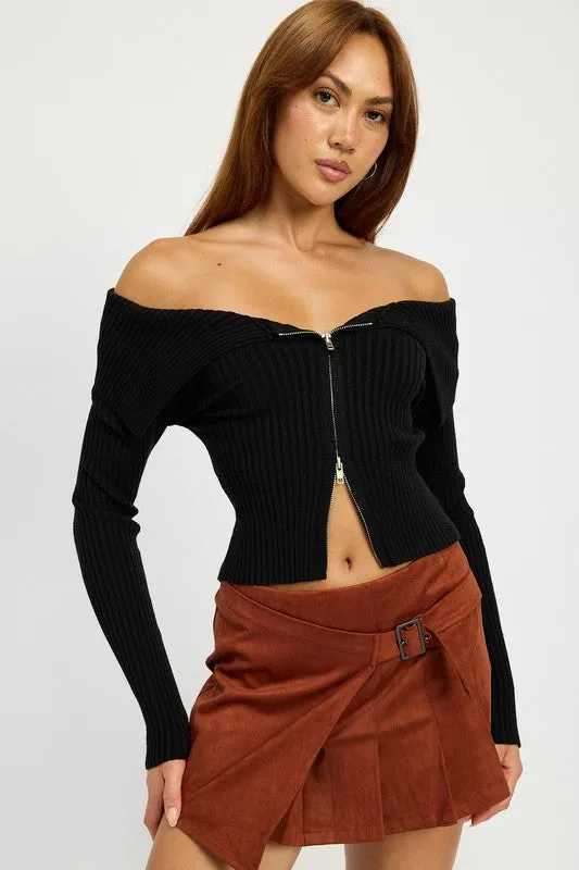 Hot Girl Bridget Zippered Bardot Shoulder Long Sleeve Top