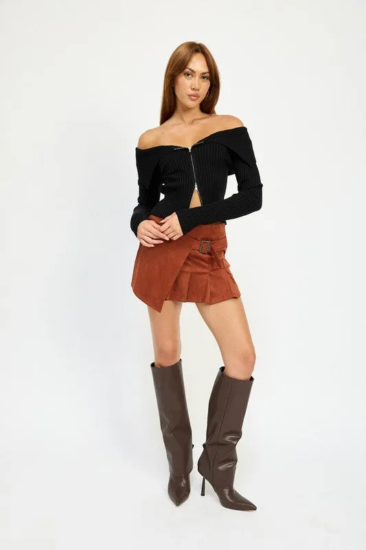 Hot Girl Bridget Zippered Bardot Shoulder Long Sleeve Top