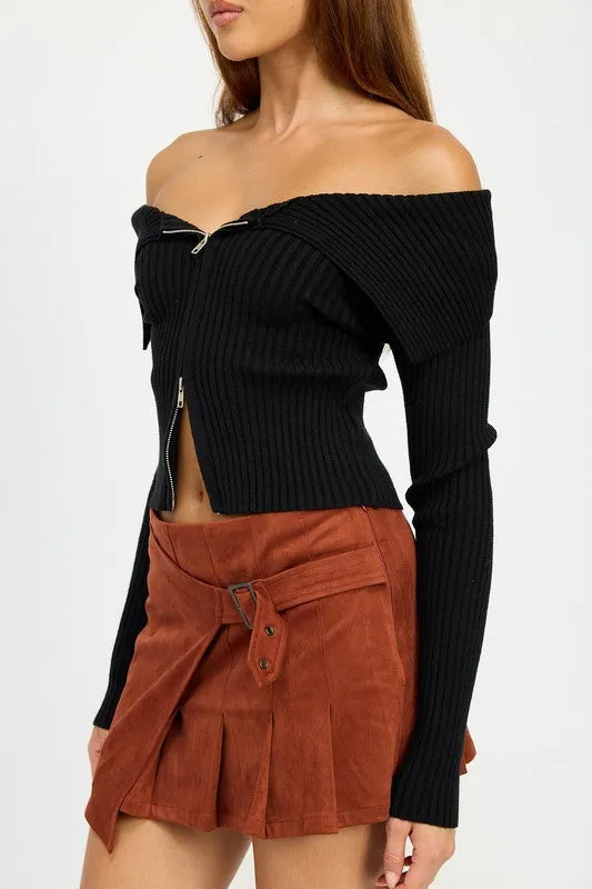 Hot Girl Bridget Zippered Bardot Shoulder Long Sleeve Top