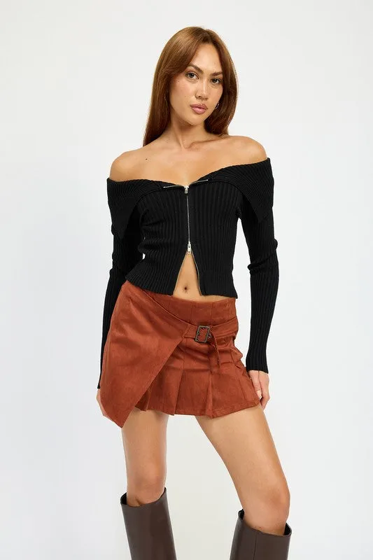 Hot Girl Bridget Zippered Bardot Shoulder Long Sleeve Top