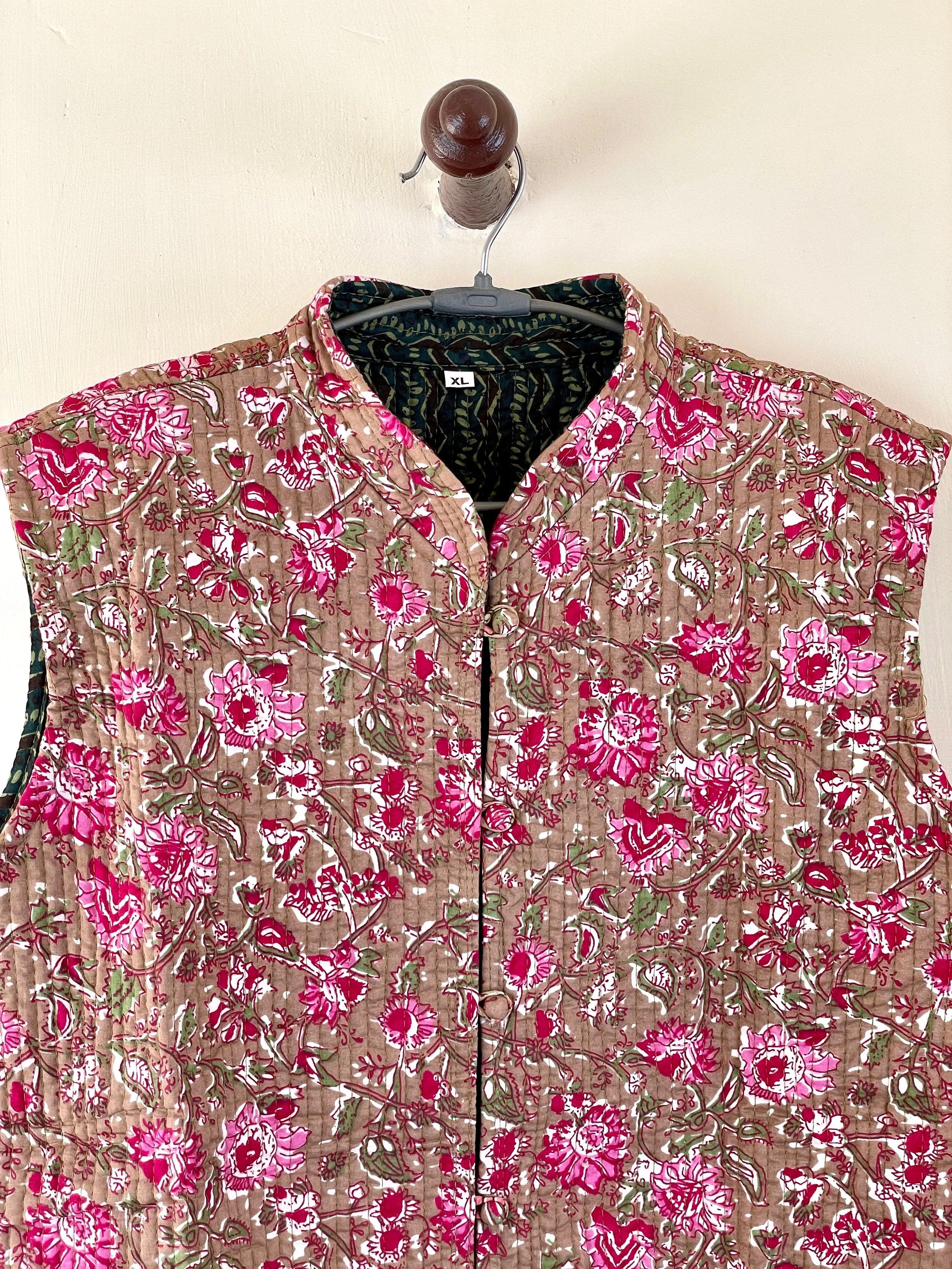 Indian Handmade Quilted Cotton Fabric Jacket Stylish Brown & Pink Floral Women's Sleeveless Vest, Reversible Waistcoat for Her